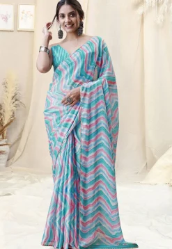 Pre-stitched Chiffon Saree in Sky Blue