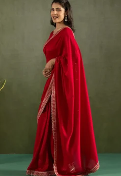 Pre-stitched Chiffon Scalloped Saree in Red