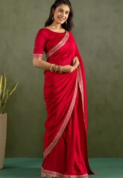 Pre-stitched Chiffon Scalloped Saree in Red