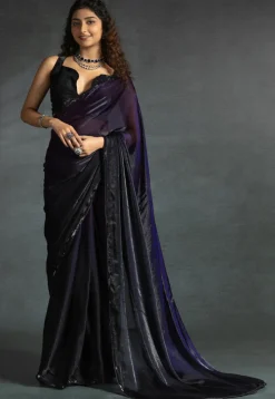Pre-stitched Chiffon Shimmer Saree in Shaded Purple and Black