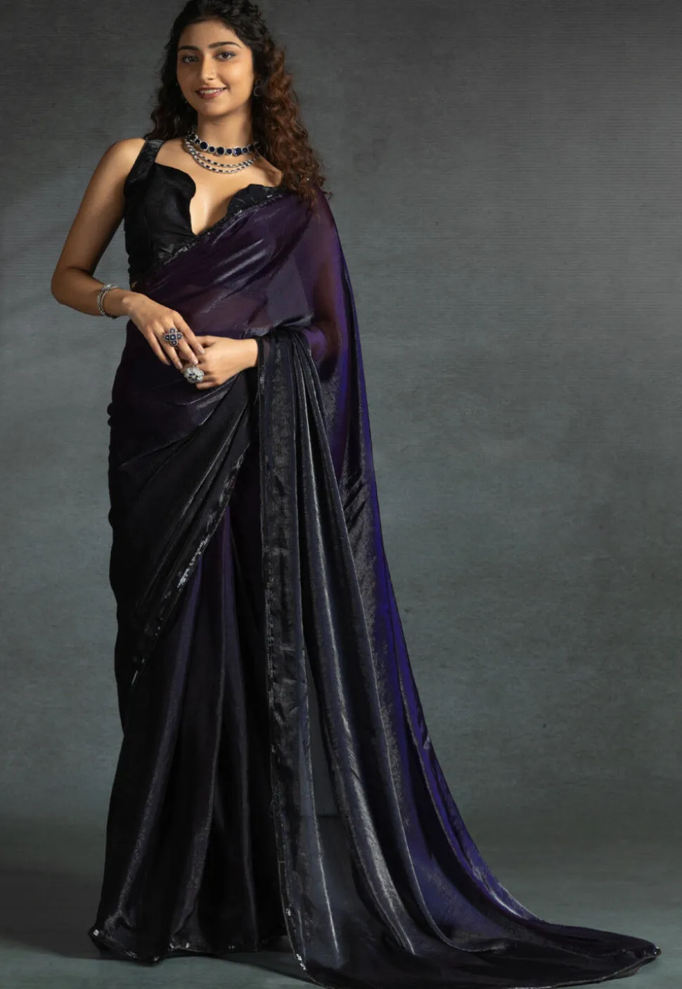 Pre-stitched Chiffon Shimmer Saree in Shaded Purple and Black