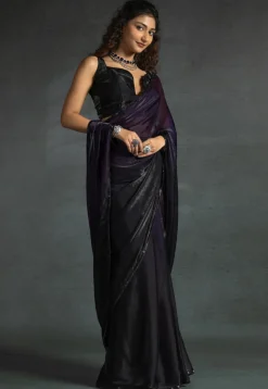 Pre-stitched Chiffon Shimmer Saree in Shaded Purple and Black