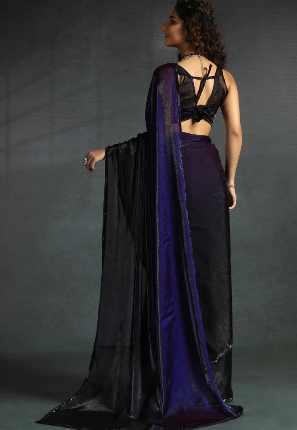 Pre-stitched Chiffon Shimmer Saree in Shaded Purple and Black