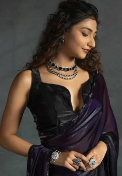 Pre-stitched Chiffon Shimmer Saree in Shaded Purple and Black