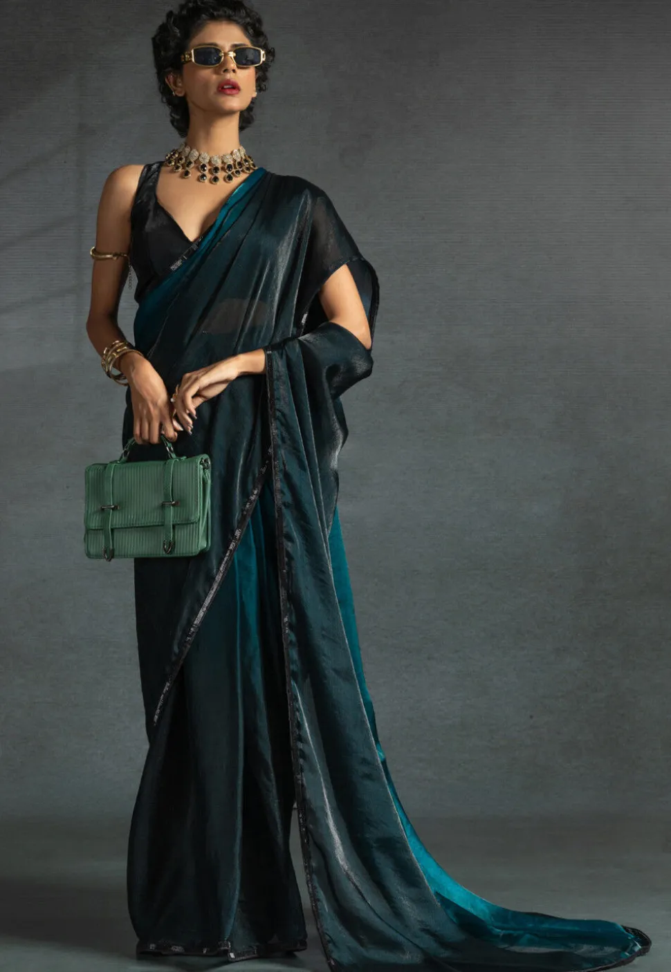 Pre-stitched Chiffon Shimmer Saree in Shaded Teal Blue and Black