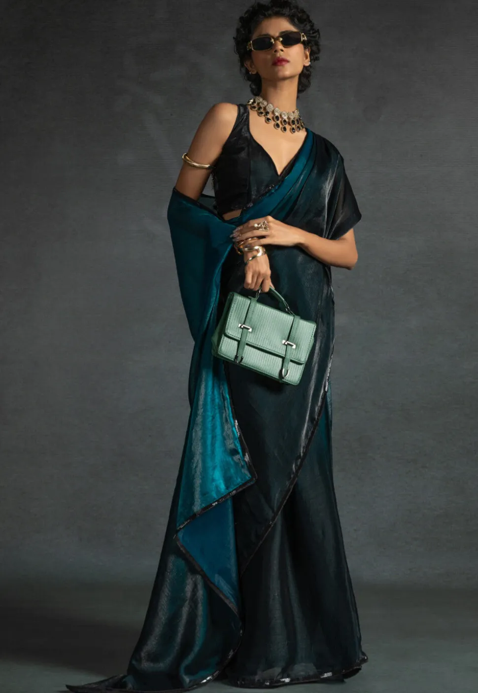 Pre-stitched Chiffon Shimmer Saree in Shaded Teal Blue and Black