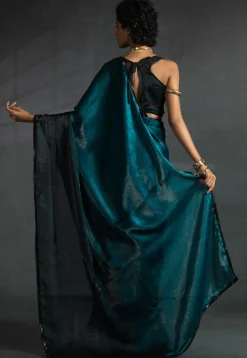 Pre-stitched Chiffon Shimmer Saree in Shaded Teal Blue and Black