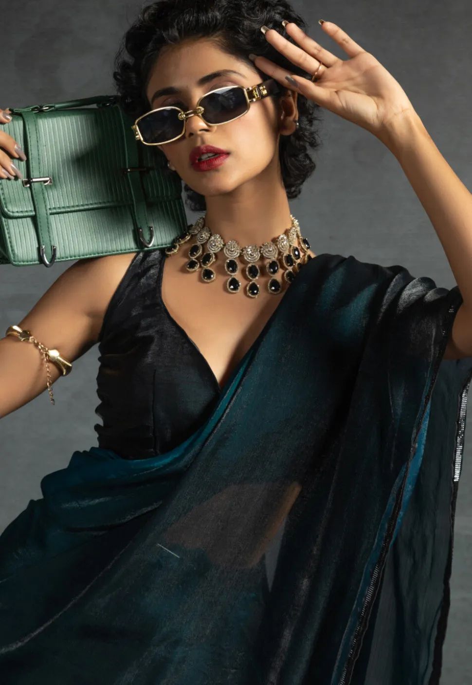 Pre-stitched Chiffon Shimmer Saree in Shaded Teal Blue and Black