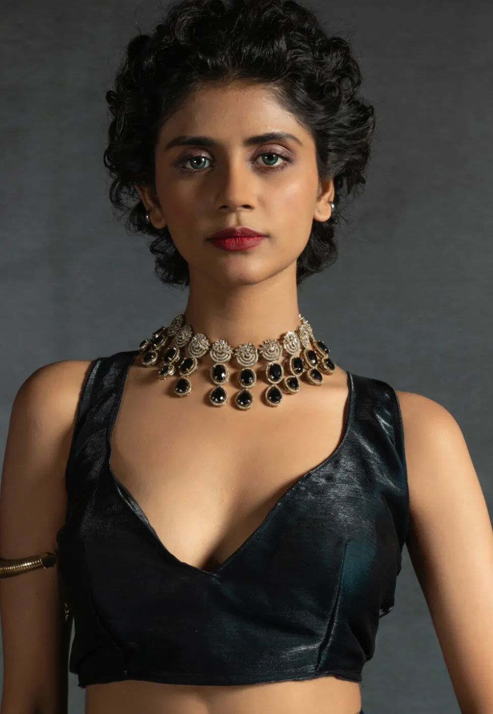 Pre-stitched Chiffon Shimmer Saree in Shaded Teal Blue and Black