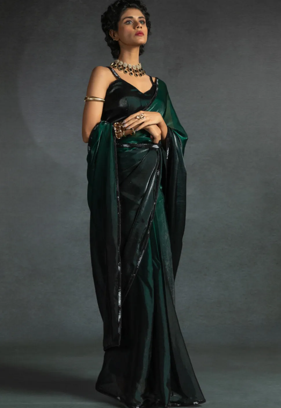 Pre-stitched Chiffon Shimmer Saree in Shaded Green and Black