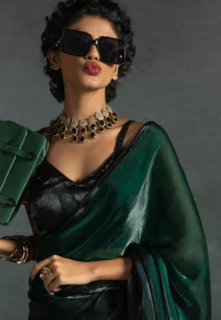 Pre-stitched Chiffon Shimmer Saree in Shaded Green and Black