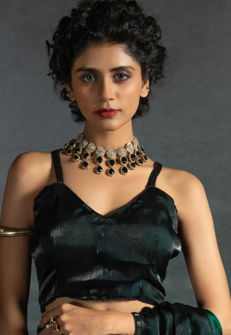 Pre-stitched Chiffon Shimmer Saree in Shaded Green and Black