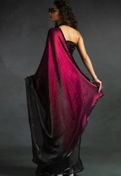 Pre-stitched Chiffon Shimmer Saree in Shaded Fuchsia and Black