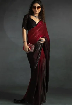 Pre-stitched Chiffon Shimmer Saree in Shaded Maroon and Black