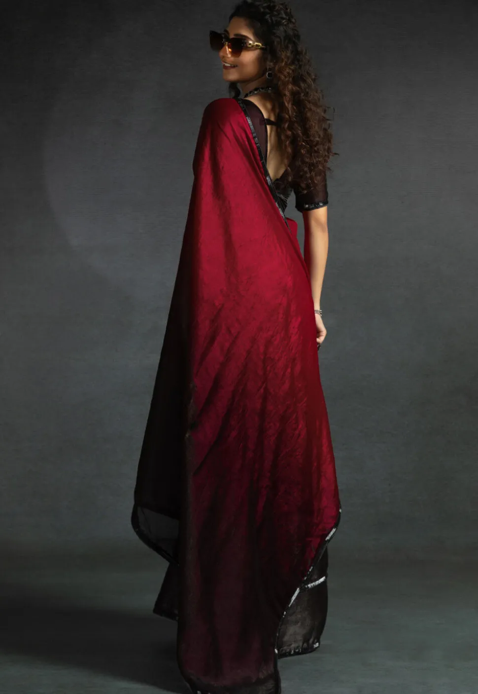 Pre-stitched Chiffon Shimmer Saree in Shaded Maroon and Black