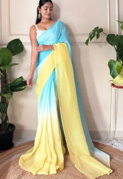 Pre-stitched Chinon Chiffon Saree in Shaded Blue and Yellow