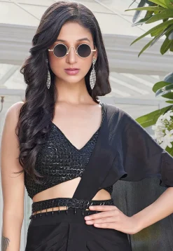 Pre-stitched Chinon Chiffon Saree in Black