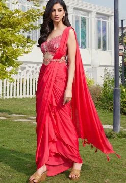 Pre-stitched Chinon Chiffon Saree in Red