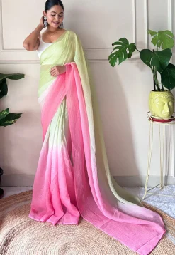 Pre-stitched Chinon Chiffon Saree in Shaded Light Green and Pink