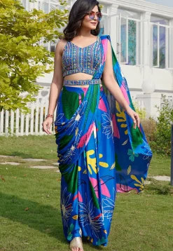 Pre-stitched Chinon Chiffon Saree in Royal Blue