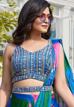 Pre-stitched Chinon Chiffon Saree in Royal Blue
