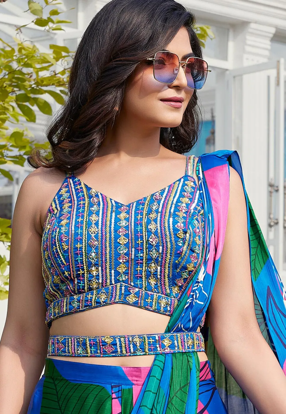 Pre-stitched Chinon Chiffon Saree in Royal Blue