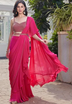 Pre-stitched Chinon Chiffon Saree in Pink