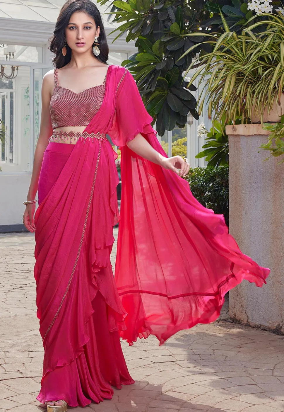 Pre-stitched Chinon Chiffon Saree in Pink