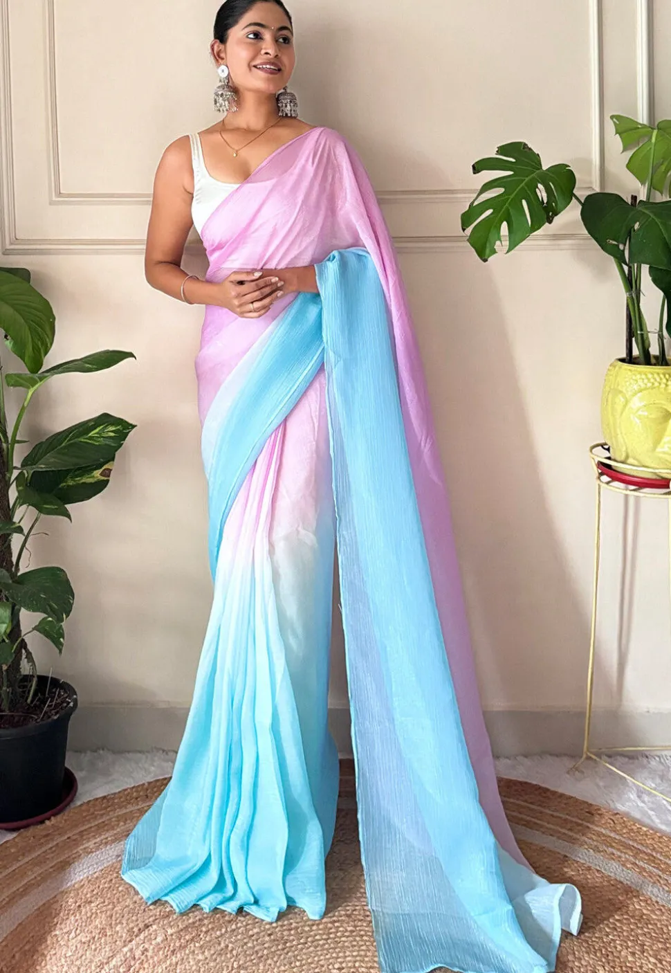 Pre-stitched Chinon Chiffon Saree in Shaded Pink and Blue