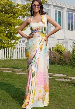 Pre-stitched Chinon Chiffon Saree in Off White