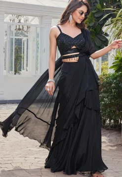 Pre-stitched Chinon Chiffon Saree in Black