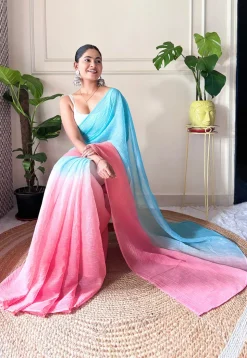 Pre-stitched Chinon Chiffon Saree in Shaded Sky Blue and Peach