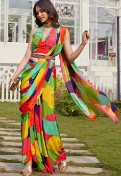 Pre-stitched Chinon Chiffon Saree in Multicolor