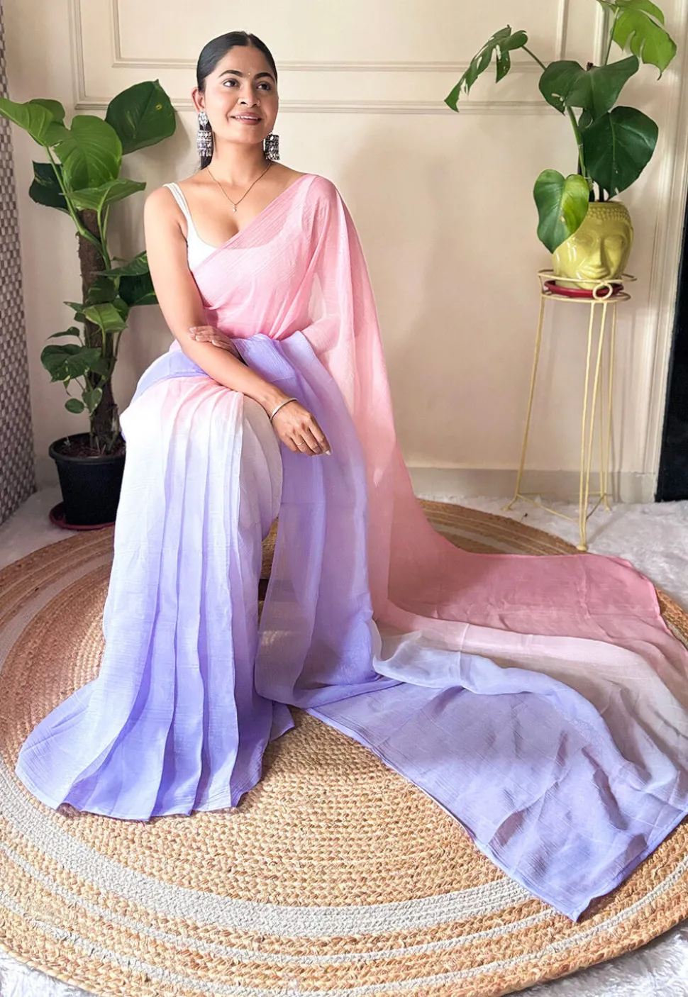Pre-stitched Chinon Chiffon Saree in Shaded Peach and Purple