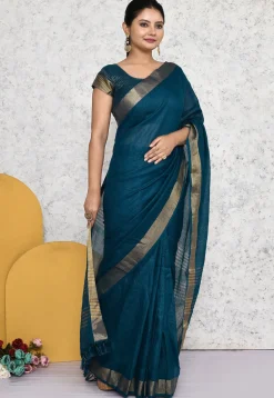 Pre-stitched Cotton Saree in Teal Blue