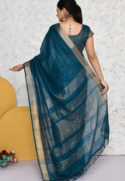 Pre-stitched Cotton Saree in Teal Blue