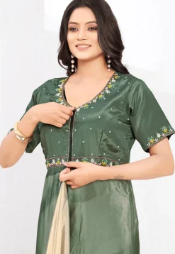 Pre-stitched Crepe Saree in Beige and Dusty Green