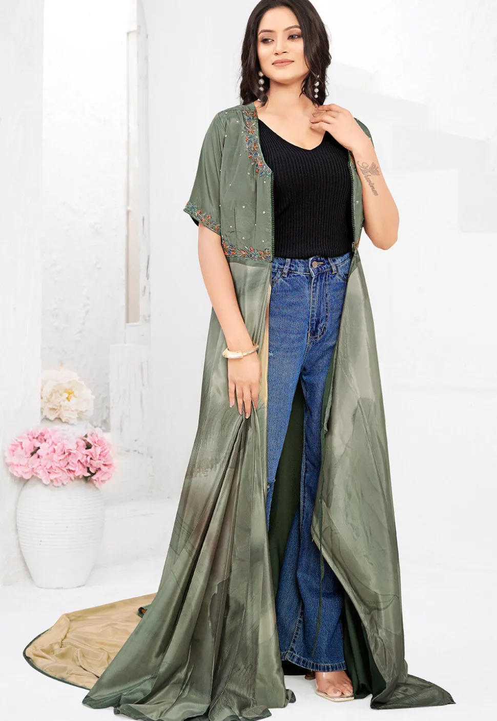Pre-stitched Crepe Saree in Beige and Dusty Green
