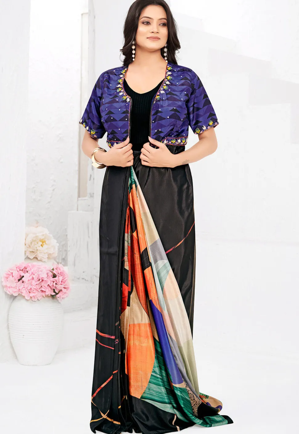 Pre-stitched Crepe Saree in Black