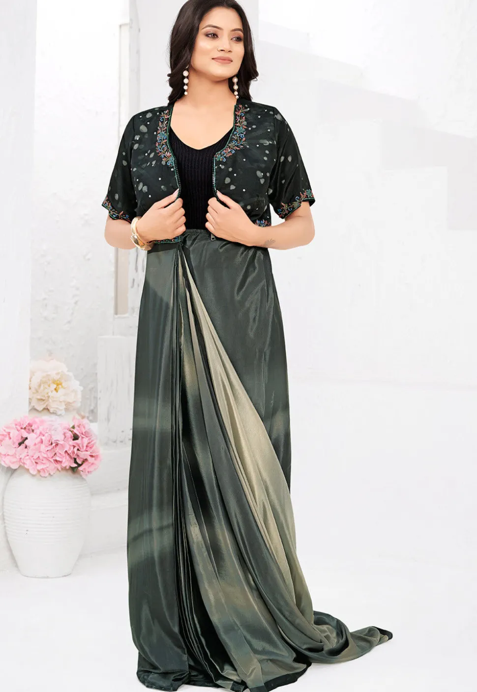 Pre-stitched Crepe Saree in Grey