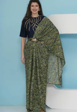 Pre-stitched Crepe Saree in Green