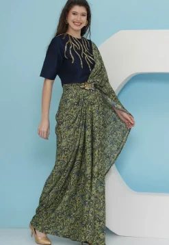 Pre-stitched Crepe Saree in Green