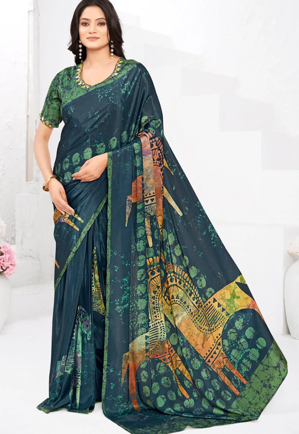 Pre-stitched Crepe Saree in Blue