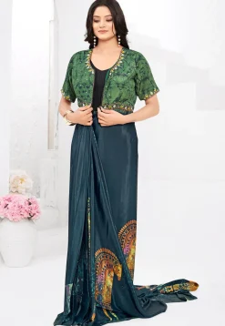 Pre-stitched Crepe Saree in Blue