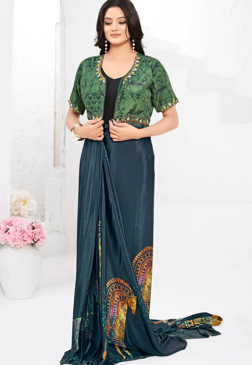 Pre-stitched Crepe Saree in Blue