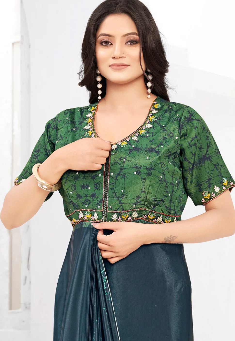 Pre-stitched Crepe Saree in Blue