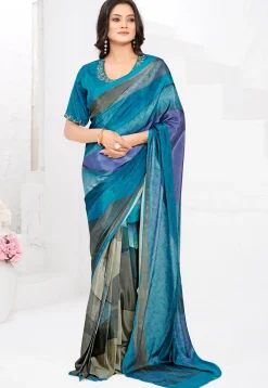 Pre-stitched Crepe Saree in Blue