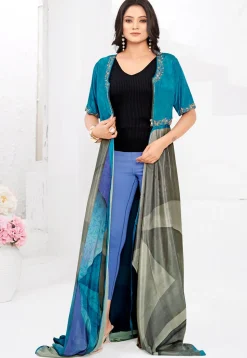 Pre-stitched Crepe Saree in Blue
