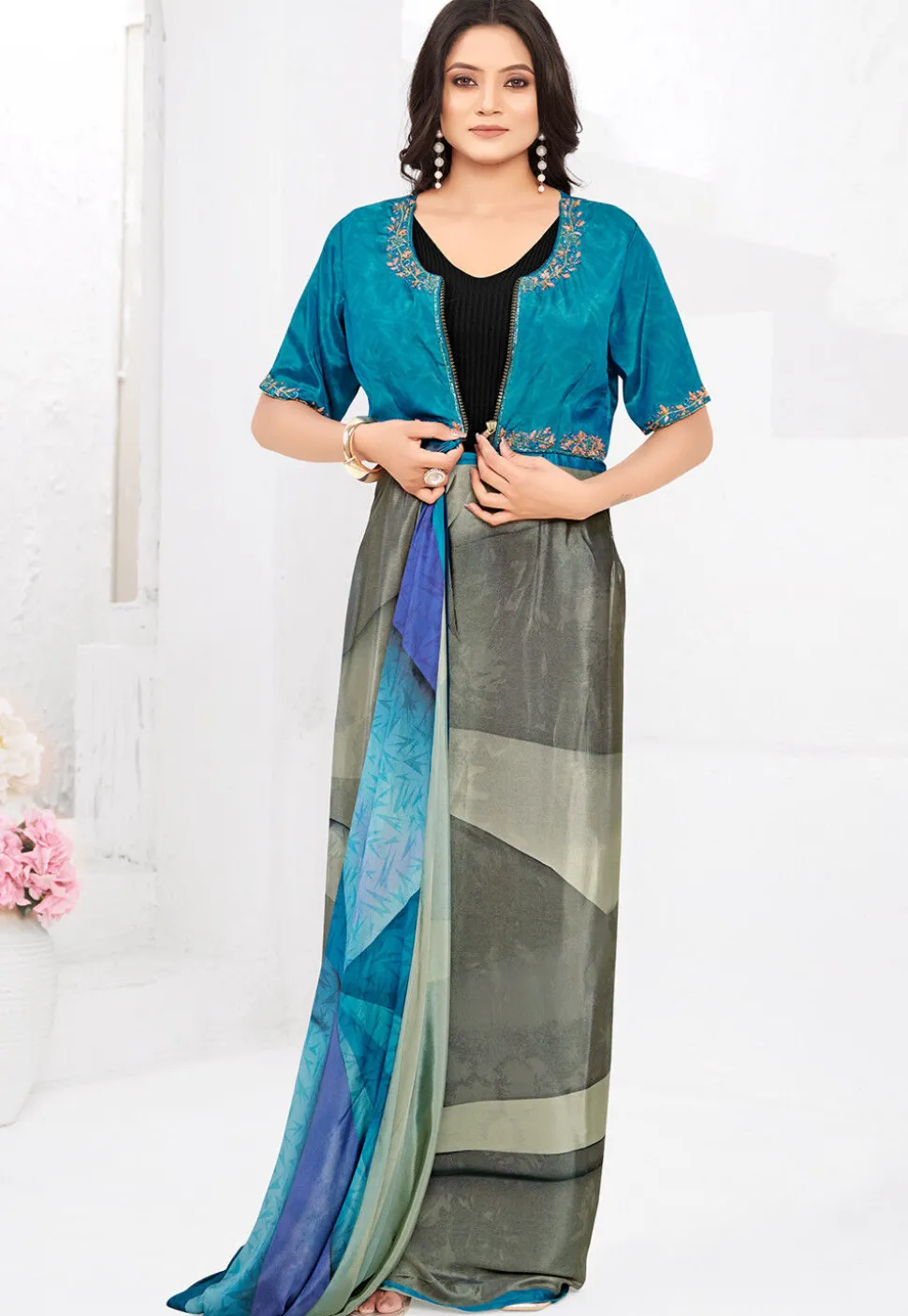 Pre-stitched Crepe Saree in Blue