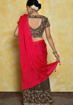 Pre-stitched Dupion Silk Saree in Coral Red and Dark Grey